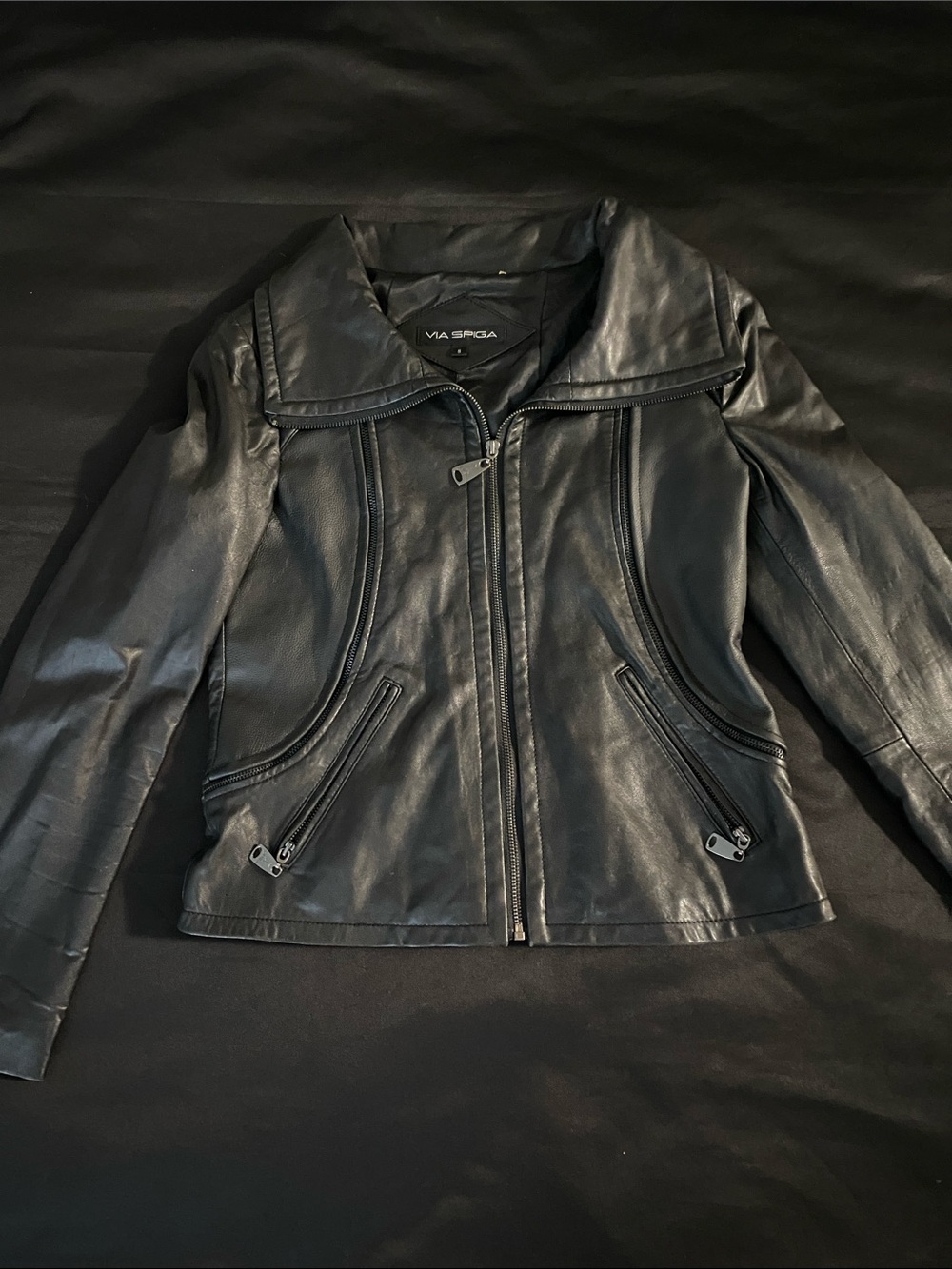 Via Spiga Black Leather Zip-Front Jacket (small)